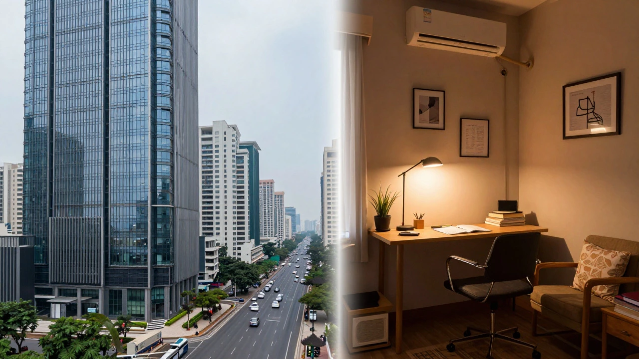Split view comparing high-cost metro life vs affordable tier-2 city lifestyle.