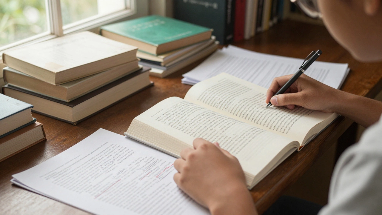 Student analyzing literature texts and project files in a quiet study room
