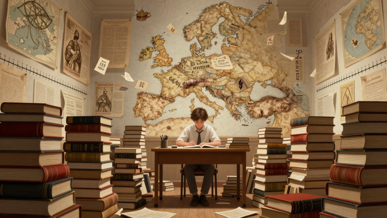 Student overwhelmed by stacks of history books and timelines