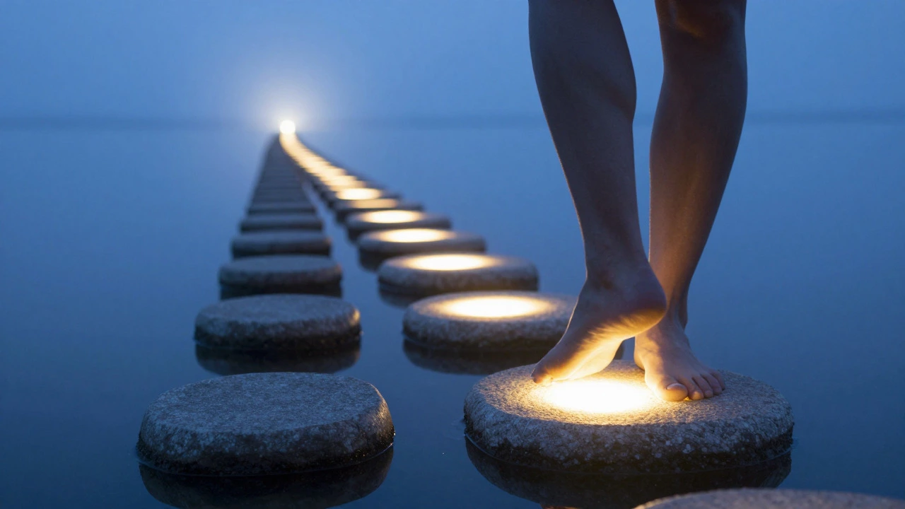 A winding path of glowing stones symbolizing consistent daily language learning progress