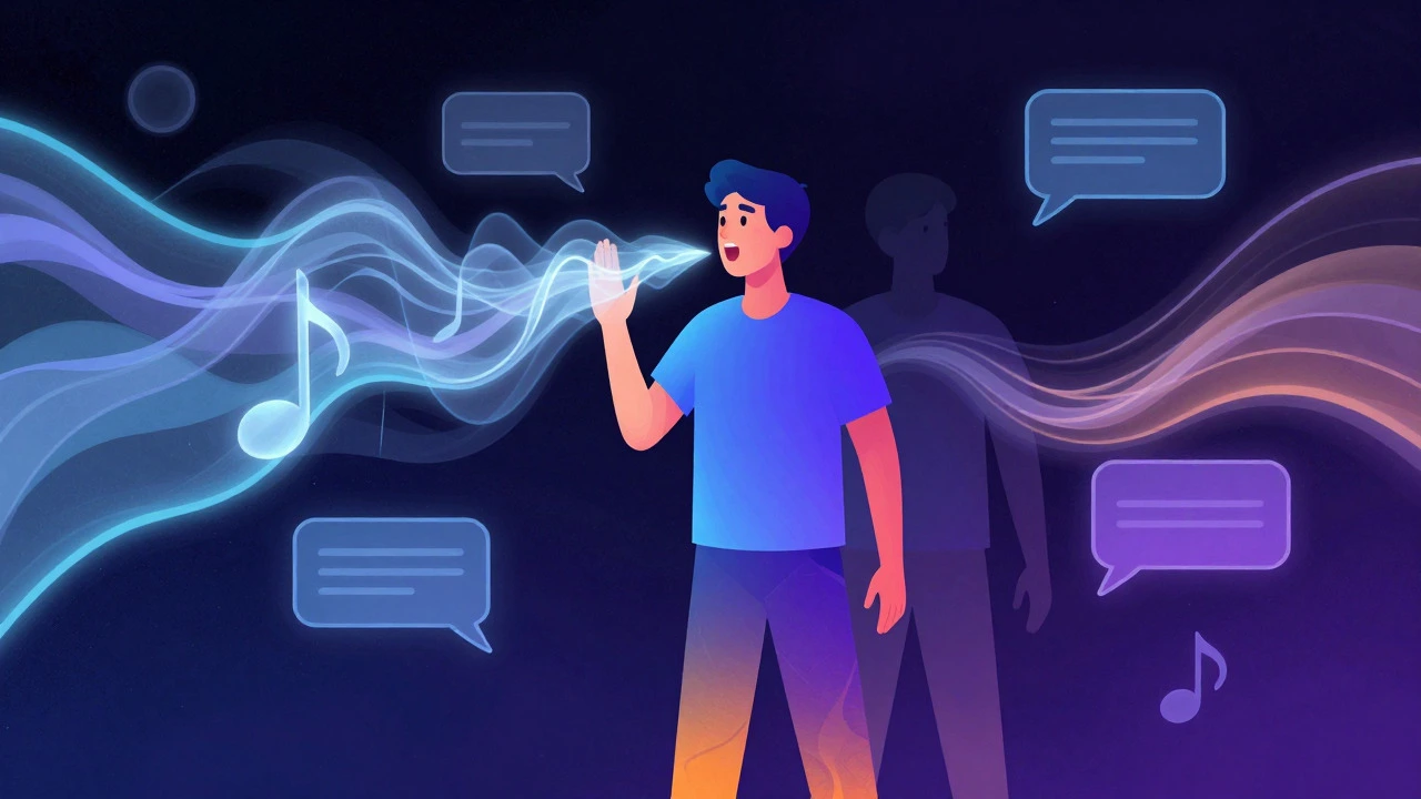 Abstract illustration of a person practicing shadowing technique with glowing sound waves