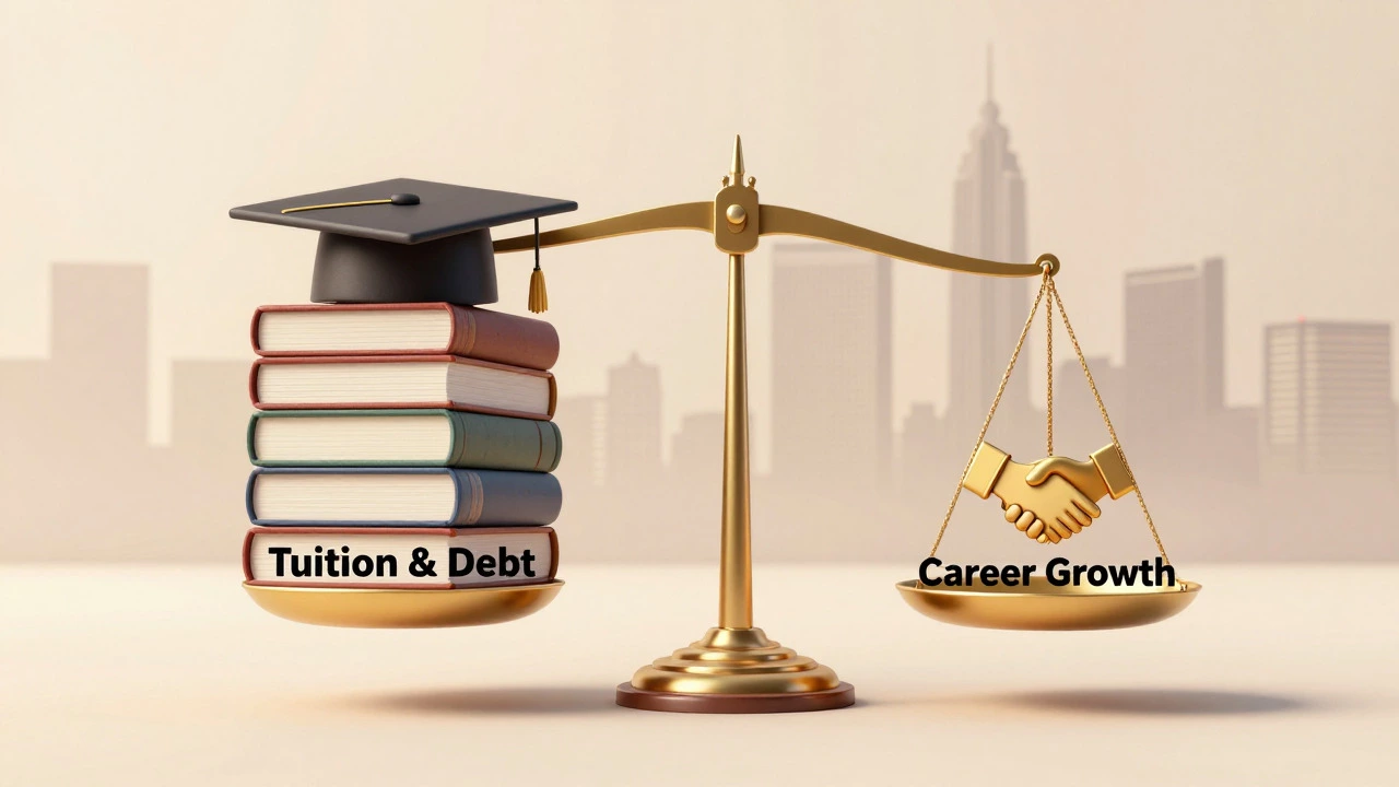 Balance scale weighing tuition costs against career growth and networking