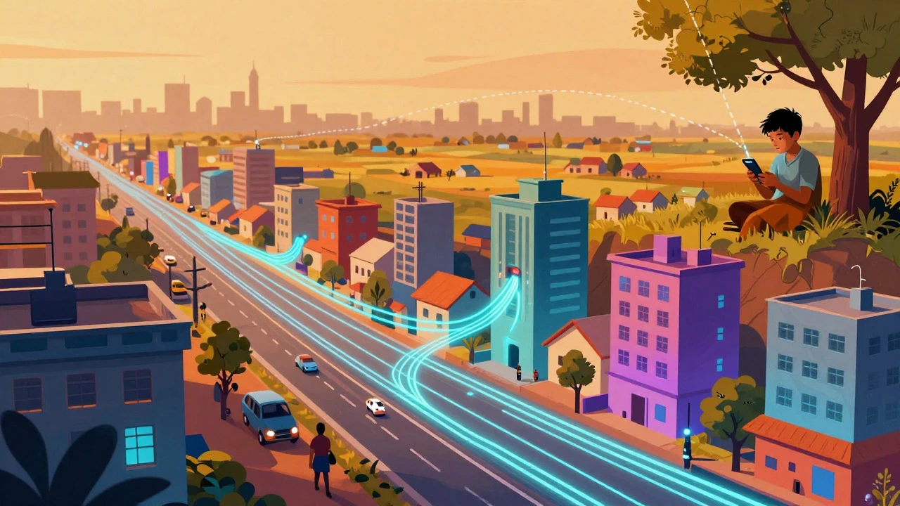 Conceptual art showing the digital divide between urban and rural India
