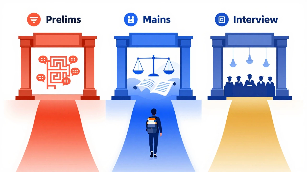 Conceptual illustration showing the three stages of government exam selection process.
