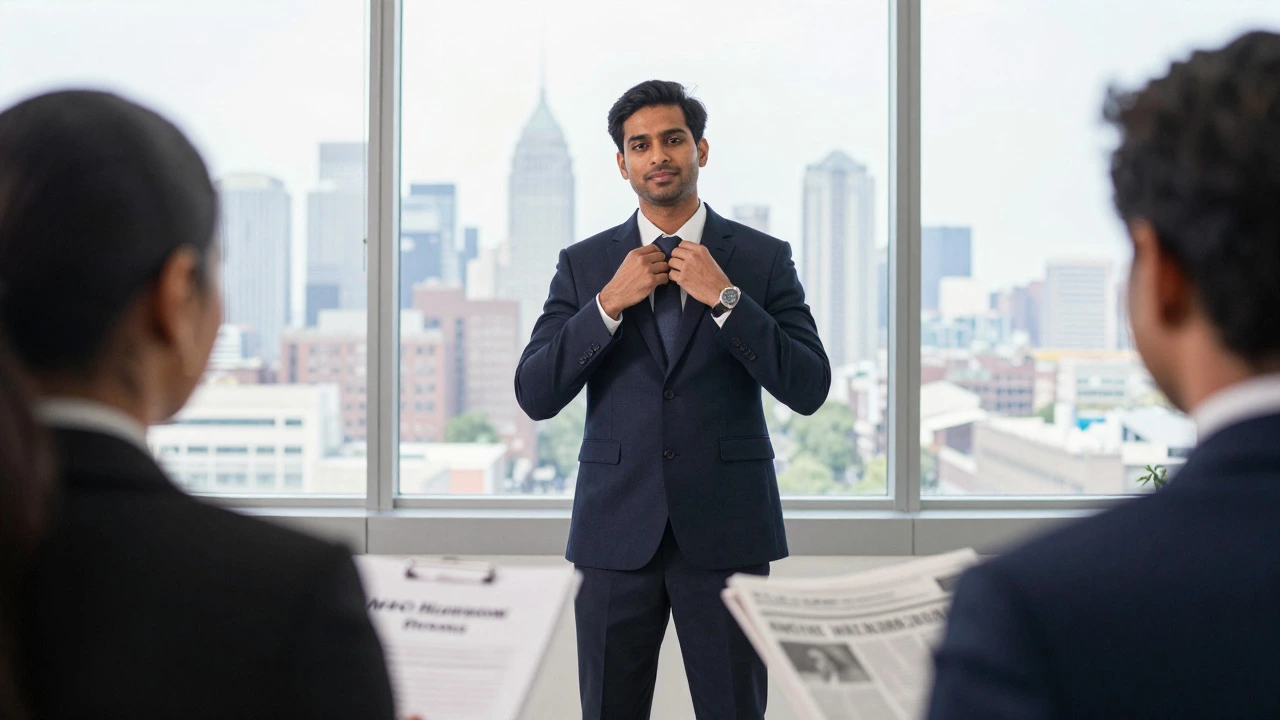 Confident Indian candidate preparing for a government job interview by a window.