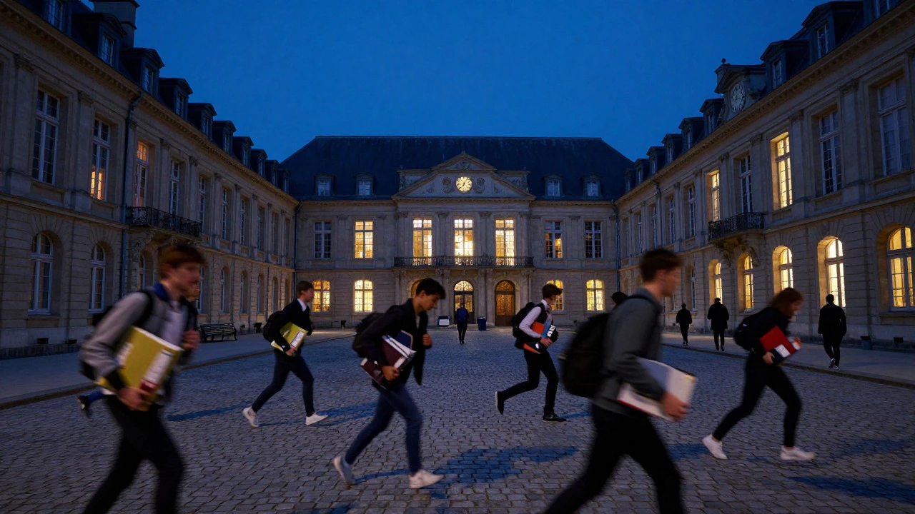 Exhausted students rushing through INSEAD campus at night, conveying urgency