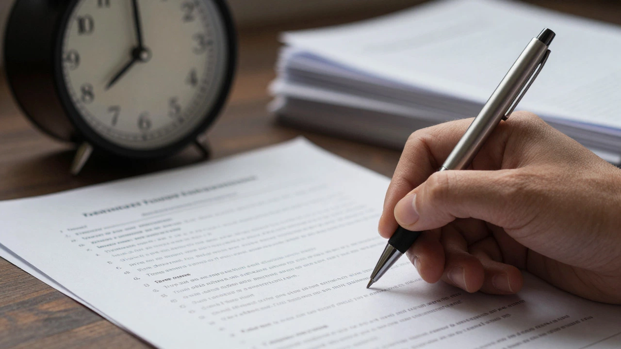 Hand writing on an exam answer sheet with clock