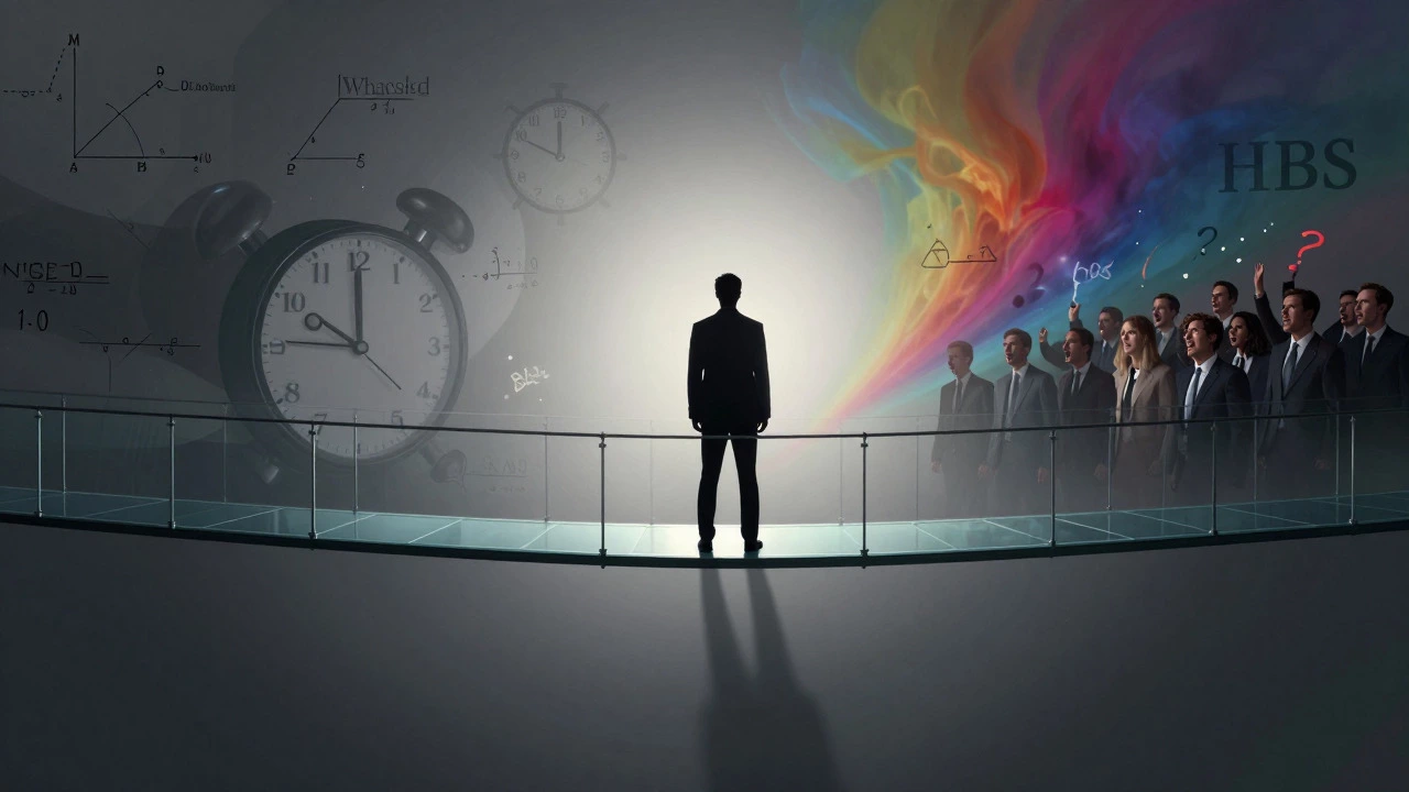 Silhouette on glass bridge surrounded by abstract symbols of academic pressure