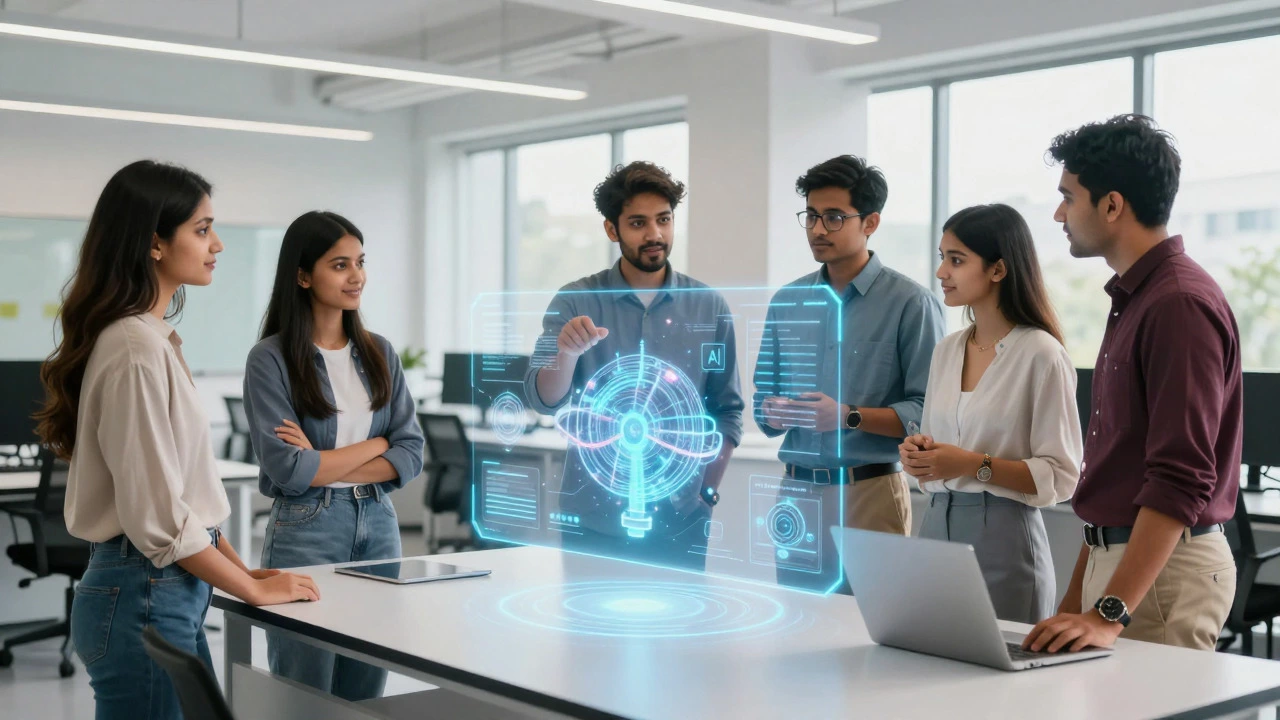 Students collaborating with holographic displays in a modern hybrid learning space