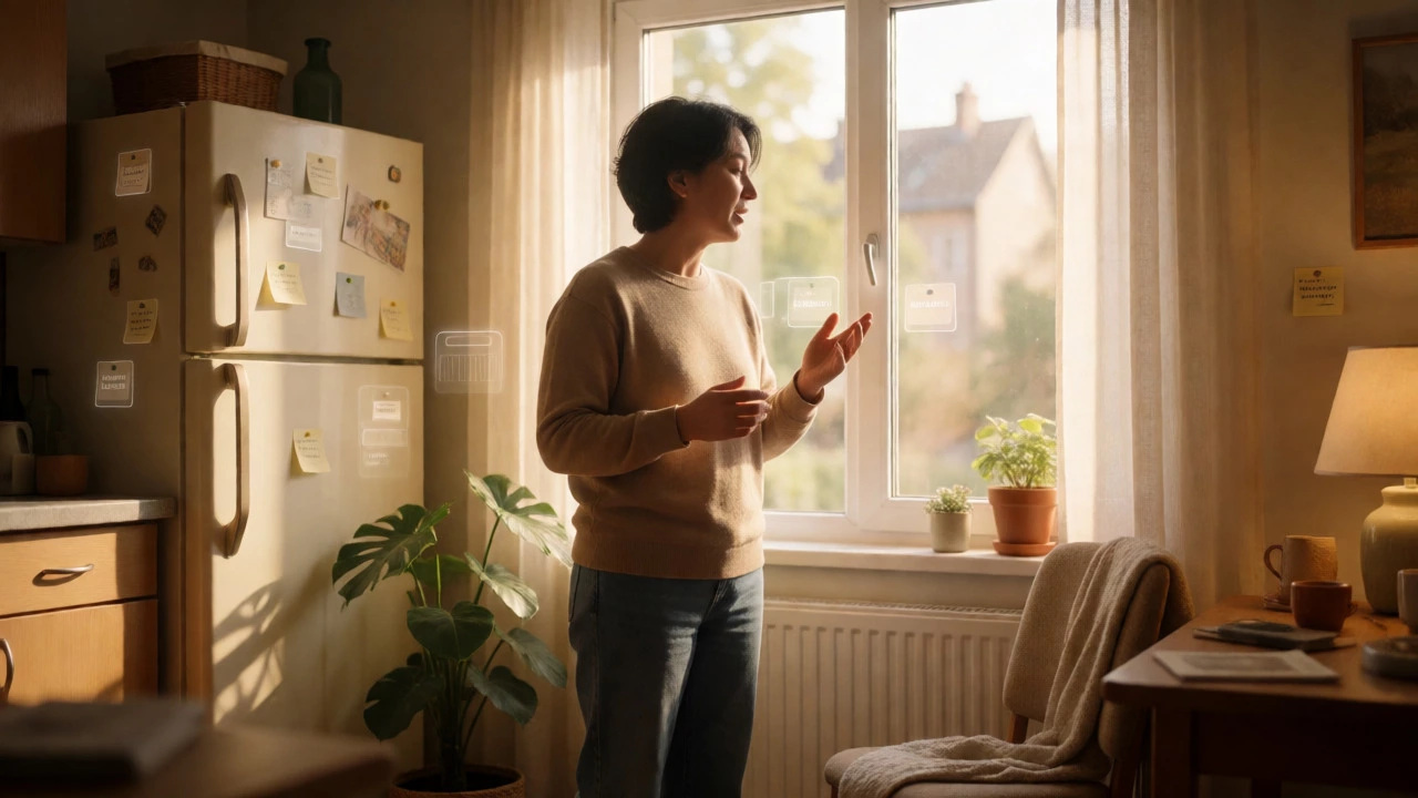 Adult practicing language immersion in a sunlit home environment