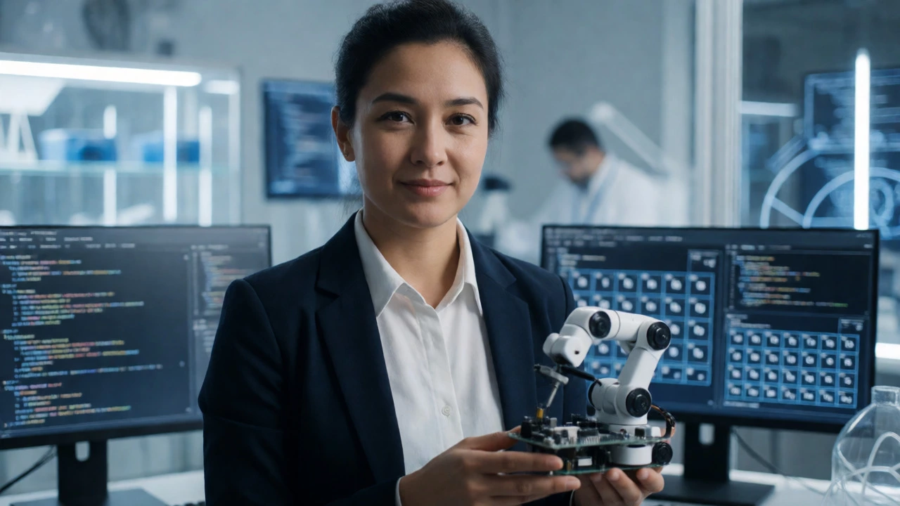 Confident STEM educator holding a robotic component in a modern science lab