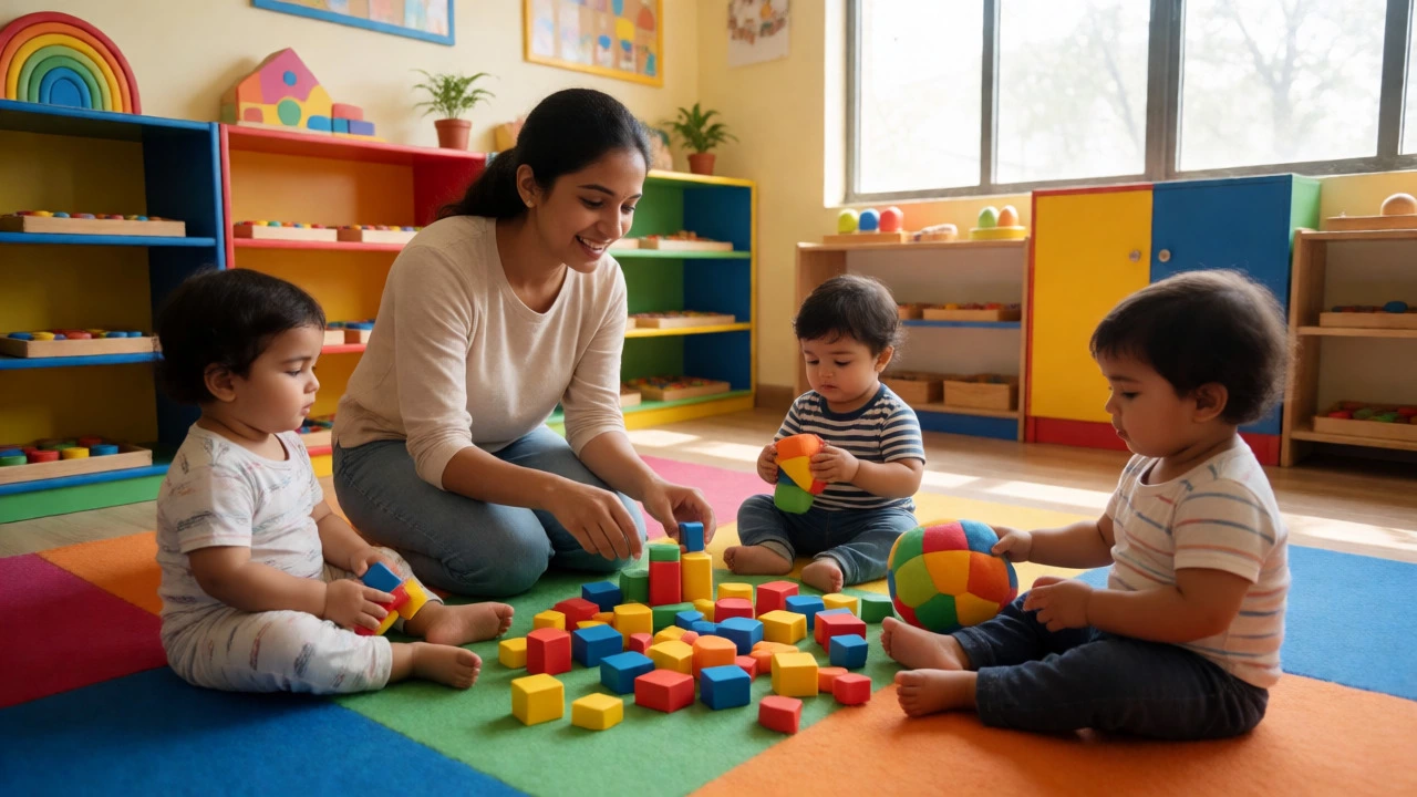 Early childhood teacher engaging toddlers in sensory play within a vibrant classroom