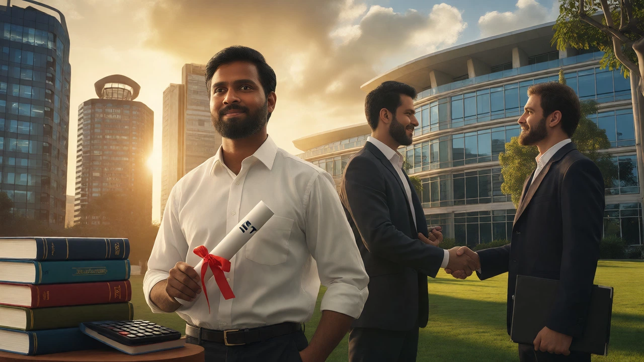 Indian and US graduates standing outside their respective universities ready for careers