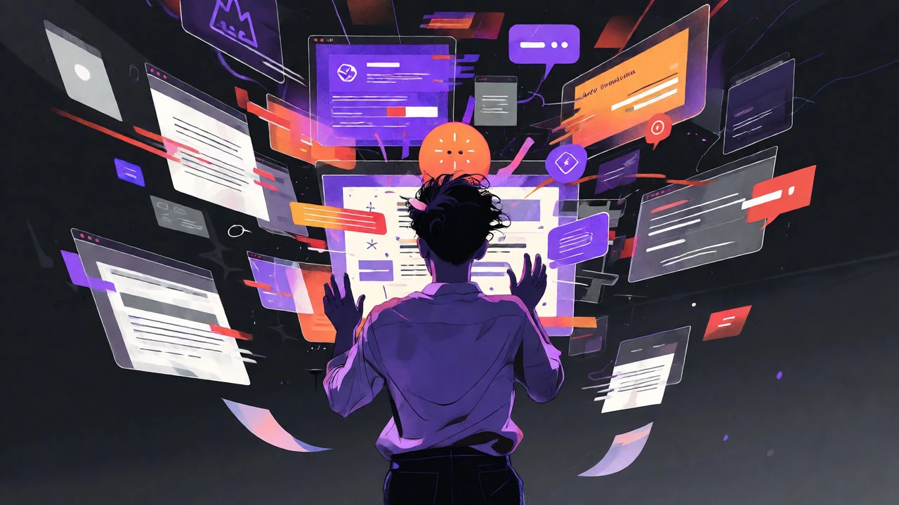 Overwhelmed person navigating chaotic digital glitches