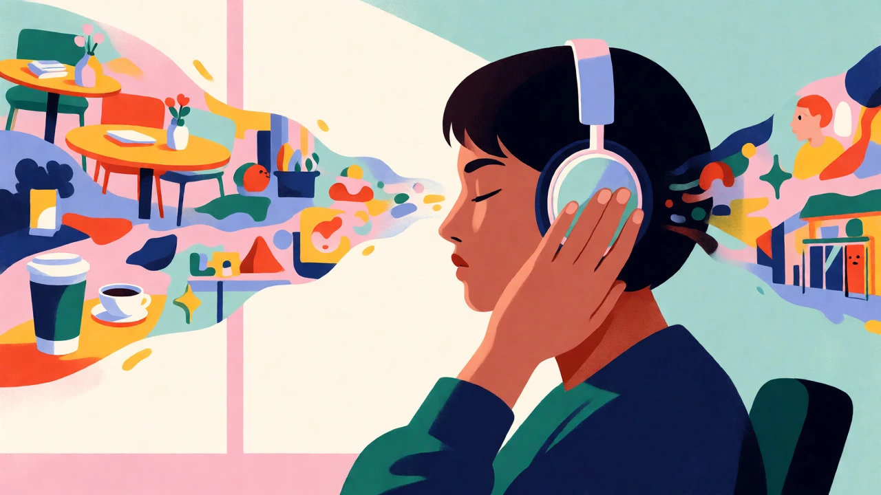 Person listening to audio with visual concepts flowing into their mind