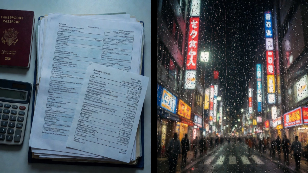 Split scene showing visa paperwork stress and a rainy Asian city night.