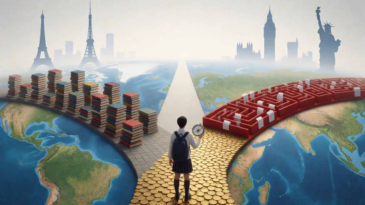 Student at a conceptual crossroads of study abroad challenges and choices.