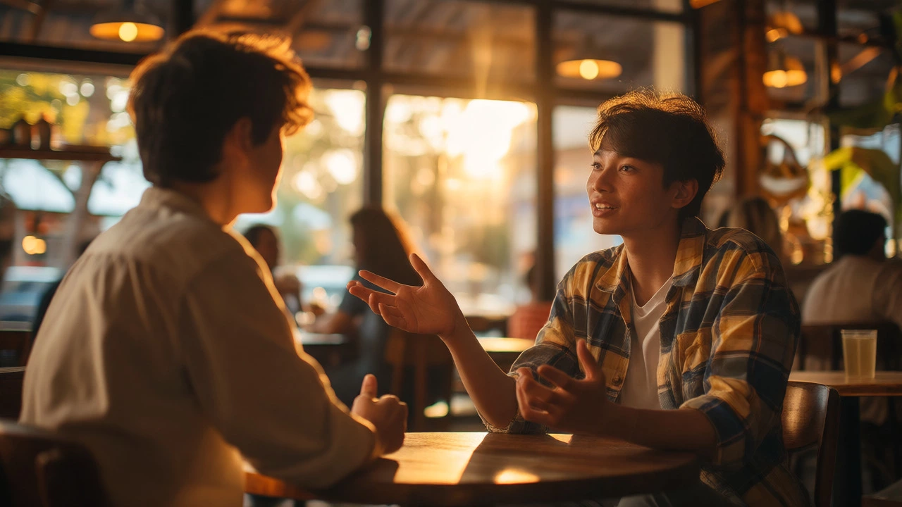 Two people having a confident conversation in a sunny cafe