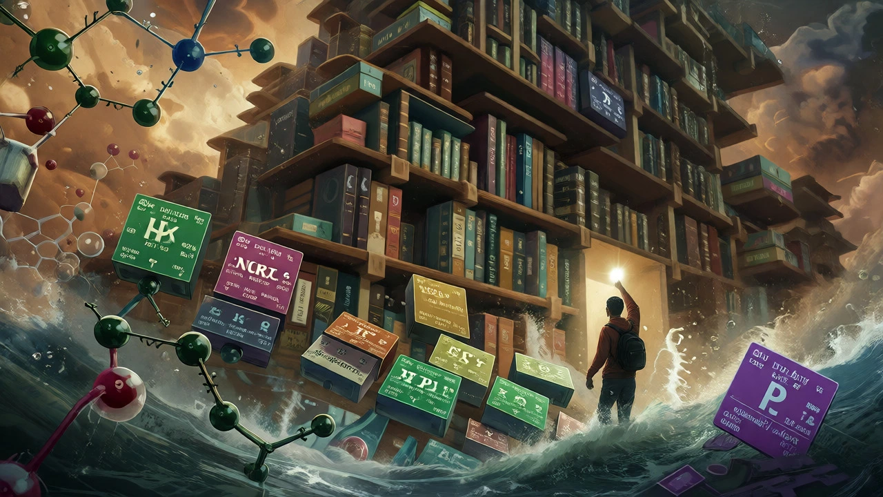 Figure navigating a surreal landscape of chemical molecules