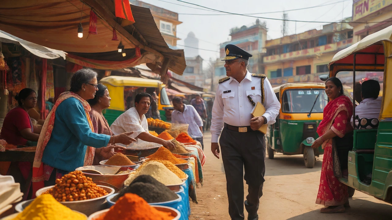 Government officer interacting with locals in a busy Indian market