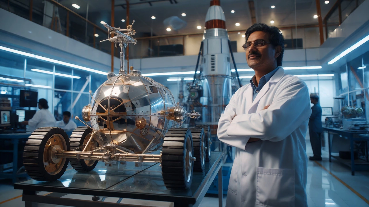 ISRO scientist standing proudly near a lunar rover model in a lab
