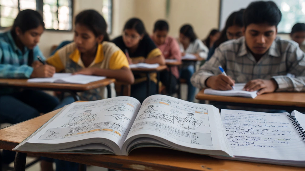 Student studying an NCERT textbook in a diverse classroom
