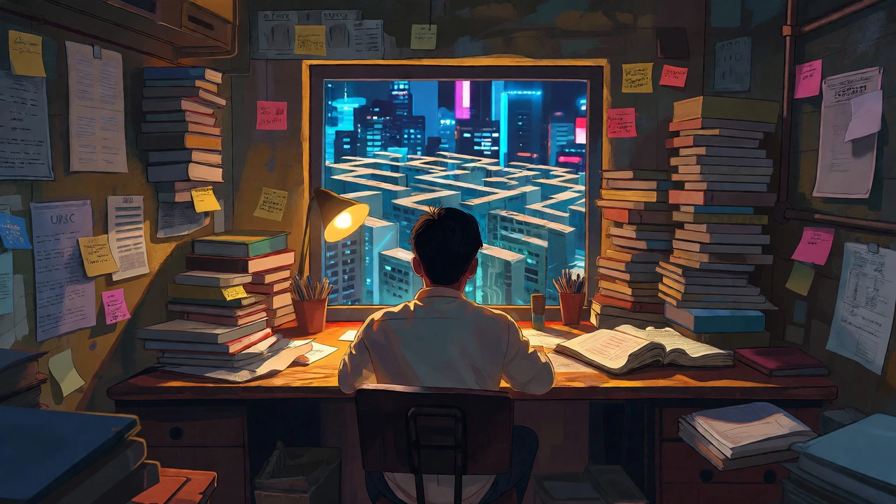 Student studying for competitive exams in a cramped room